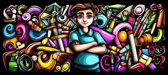 A young boy stands confidently amidst a colorful array of art supplies and creative tools.