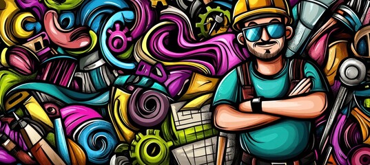 A colorful illustration featuring a confident worker surrounded by various tools and objects.