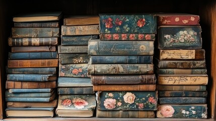 A shelf of antique books with floral covers.