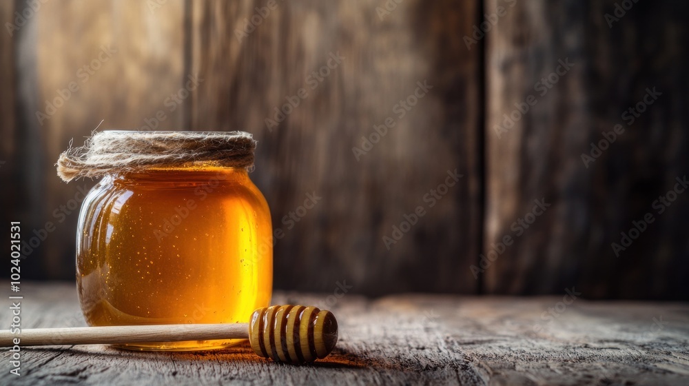 Sticker A jar of honey with a wooden dipper on a rustic wooden surface.