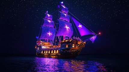 Fototapeta premium A vibrant pirate ship illuminated by dazzling lights, gliding over calm waters under a starry night sky.