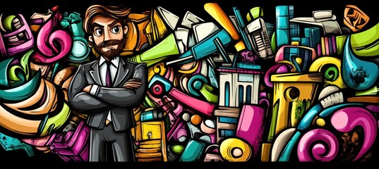 A colorful, abstract representation of business and creativity with a confident figure.