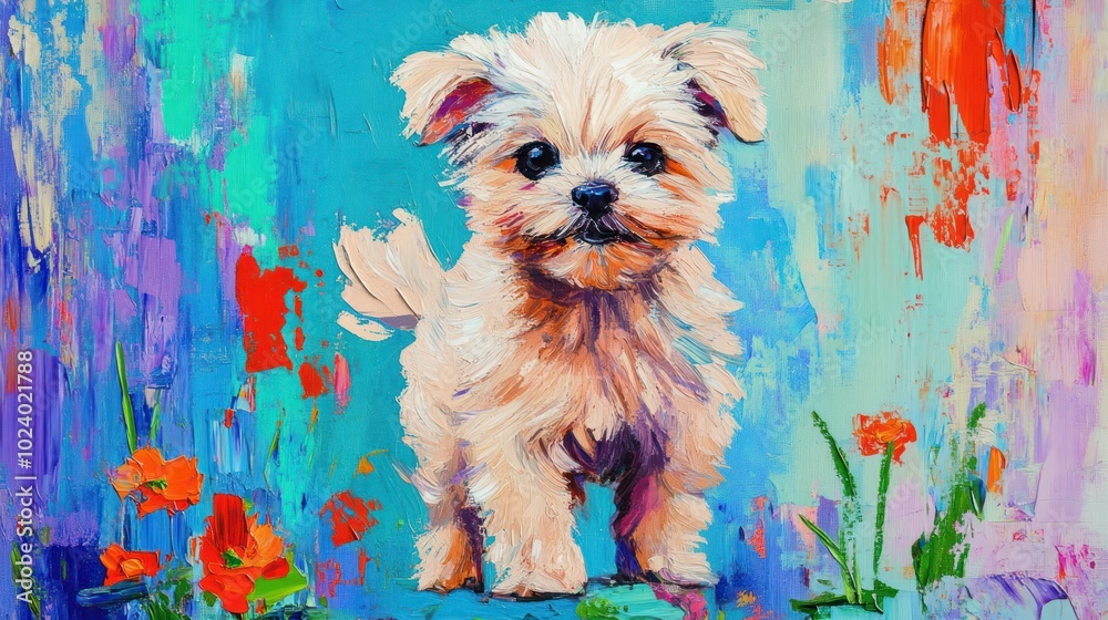 Canvas Prints A colorful painting of a small dog surrounded by vibrant flowers and abstract backgrounds.