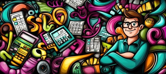 A colorful illustration featuring a smiling individual amidst calculators and abstract shapes.