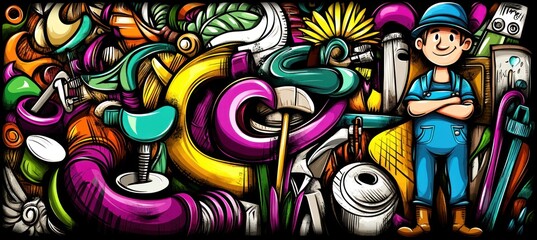 Fototapeta premium A colorful illustration featuring plumbing tools and a smiling worker.