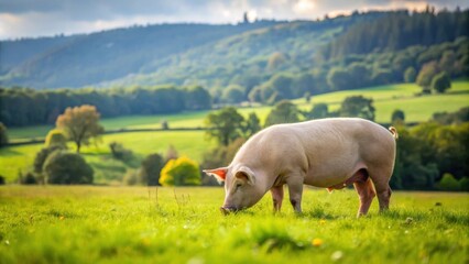 Fototapeta premium Organic French farm with a pig grazing in a lush green pasture, pig, organic, French, farm, agriculture, livestock, animal