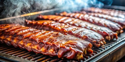 Close-up of succulent BBQ ribs cooking in a smoker, BBQ, ribs, meat, grill, smoke, cooking, delicious, juicy, food, flavor