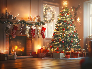 A cozy Christmas scene with a decorated tree, stockings, and gifts by the fireplace.
