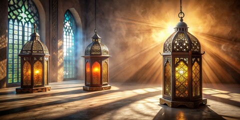 Arabic lanterns in dusty room with sunlight streaming through window, Arabic, lanterns, dusty, foggy, room, rays