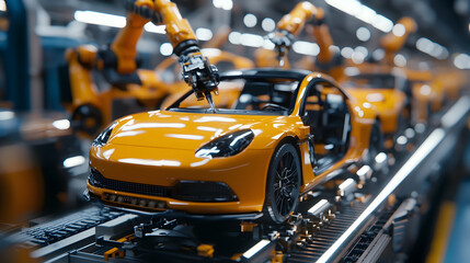Fototapeta premium Cutting edge Automotive Production Line Showcasing Advanced Robotic Technology for Efficient Vehicle Assembly in a Sleek Futuristic Factory Setting