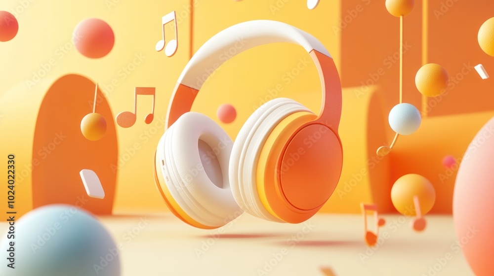 Sticker A vibrant illustration of headphones surrounded by colorful shapes and music notes.