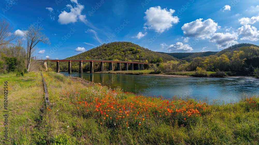 Poster Scenic view of a river with a bridge, surrounded by hills and wildflowers under a blue sky.