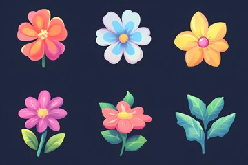 Six Colorful Flowers and Leaves on a Dark Background