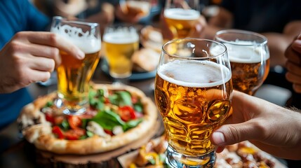 Joyful Group of Friends Raising Beer Glasses and Enjoying Food and Drinks at a Lively Party Capturing a Front View of the Energetic Atmosphere with an Advanced Tone and Triadic Color Scheme