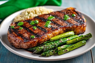 A perfectly portioned steak dinner with asparagus and quinoa, demonstrating a muscle-building dinner with balanced macronutrients