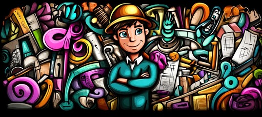A colorful illustration of a confident boy surrounded by various creative tools and objects.