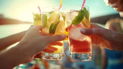 Group of happy friends toasting with gin tonics mojitos and other cocktails at a lively bar restaurant celebrating and enjoying a festive night out together in a vibrant joyful atmosphere