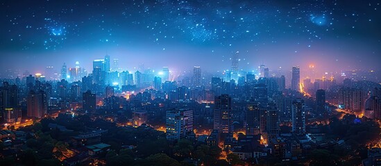 Fototapeta premium Night Cityscape with Stars and Neon Lights