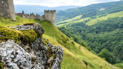 Majestic stone castle with towering turrets and fortified walls standing tall atop a scenic hill overlooking a picturesque valley landscape below with rolling hills lush greenery and a clear blue sky
