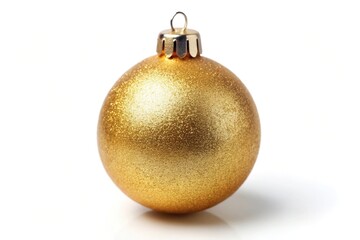High angle view of shiny gold Christmas bauble on white background