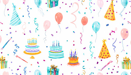 Colorful Birthday Cakes and Balloons Celebration in Kids Drawing Style