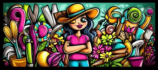 A vibrant illustration of a woman surrounded by gardening tools and colorful plants.
