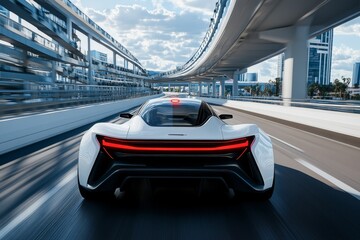 Obraz premium Single autonomous car, moving smoothly down an empty highway, with no visible driver, highlighting the simplicity of future transportation