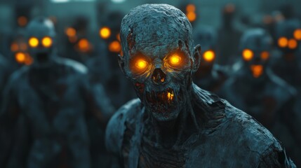 Rotten creepy zombies with glowing eyes, 3d scene. Halloween horror, spooky season