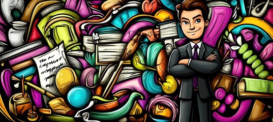 A colorful collage with a confident businessman surrounded by various objects and shapes.