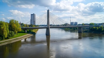 Obraz premium Impressive modern bridge structure spanning a wide river with a panoramic cityscape view in the background