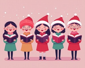 Fototapeta premium A Christmas choir clipart, holiday tradition element, cartoon style, children singing, isolated on plum background