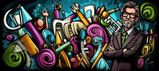 Obraz premium A stylized illustration featuring a man surrounded by colorful tools and creative elements.