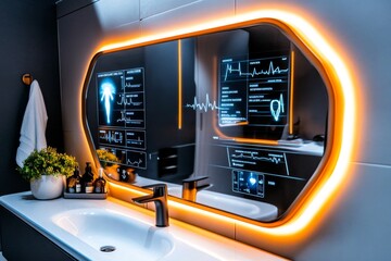 Obraz premium Smart mirror displaying the dayâ€™s agenda, weather, and health stats, while a person completes their morning routine in a futuristic bathroom