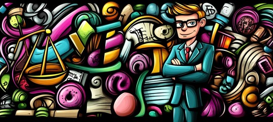 A colorful collage featuring a confident businessman among various legal and office items.