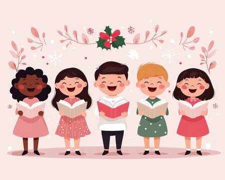 A Christmas choir clipart, holiday tradition element, cartoon style, children singing, isolated on plum background
