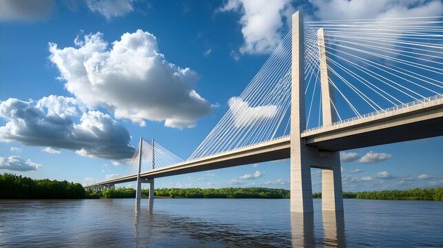 Majestic modern bridge stretching across a wide serene river in a captivating panoramic landscape showcasing the architectural and engineering prowess amidst a beautiful natural setting