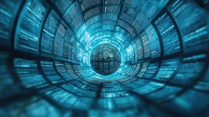 A swirling tunnel of blue code surrounds a glowing globe, symbolizing the interconnected nature of the digital world.