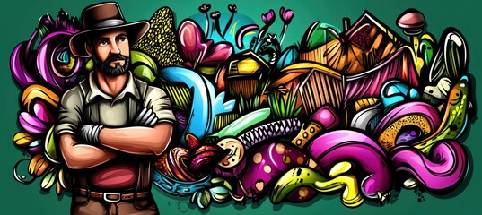 A colorful illustration featuring a man and vibrant abstract designs, symbolizing creativity.