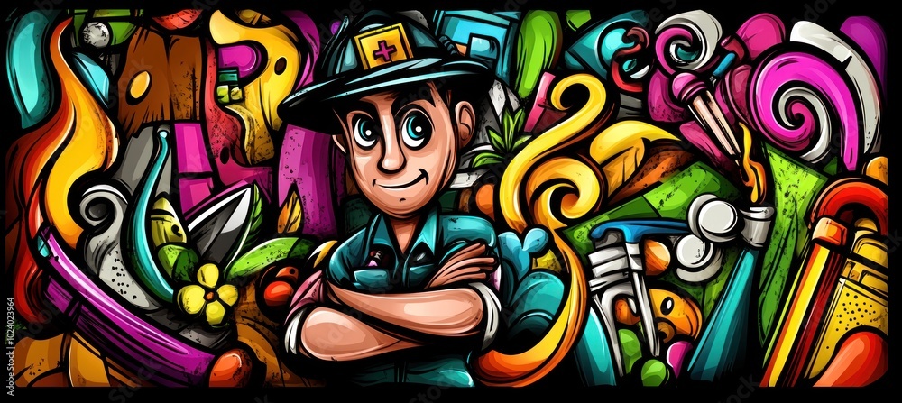 Wall mural A colorful illustration featuring a smiling ranger surrounded by vibrant, artistic elements.