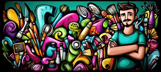 A colorful array of art supplies surrounds a smiling artist, showcasing creativity and passion.