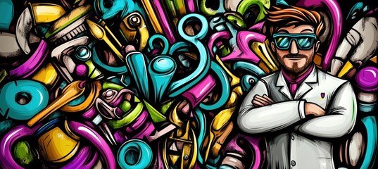 Obraz premium A colorful collage of lab equipment with a scientist figure, highlighting creativity in science.
