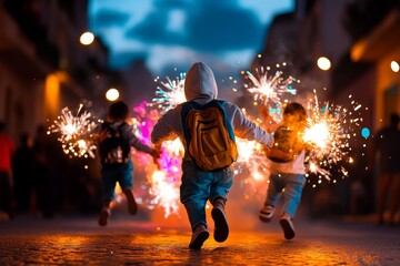 Street celebration where children light firecrackers, with colorful sparks flying around them and the distant sound of explosions filling the air