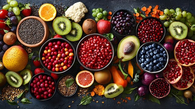 Abundant spread of colorful nutrient dense vegan health foods including fruits vegetables seeds and other antioxidant rich protein packed superfoods arranged in a vibrant