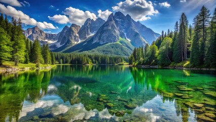 Crystal clear mountain lake surrounded by luscious green forest and towering peaks, serene, Lago di Fusine, calm