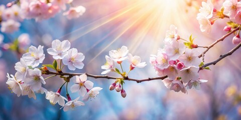 Fototapeta premium Branch with dreamy cherry blossoms and sunrays, nature, springtime, beauty, tranquil, peaceful, serene, floral, gentle, sunlight