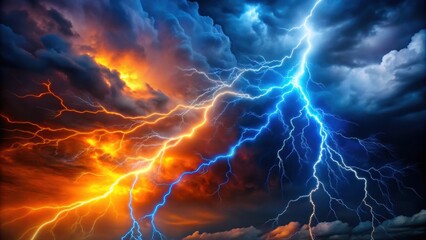 Blue and orange electric lightning striking in the dark clouds, electric, lightning, storm, dramatic, power, energy