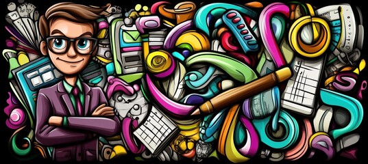 A colorful illustration featuring a professional figure amidst creative design elements.