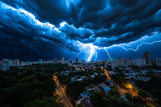 Supernatural storm brewing over a city, with unnatural lightning splitting the sky and dark clouds swirling with malevolent energy