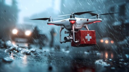 Drone Delivering Emergency Supplies to Disaster Zone for Lifesaving Relief Efforts  Aerial Unmanned Vehicle Providing Critical Resources and Aid During Humanitarian Crisis