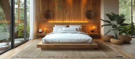 Modern Bedroom with Natural Elements and Warm Lighting